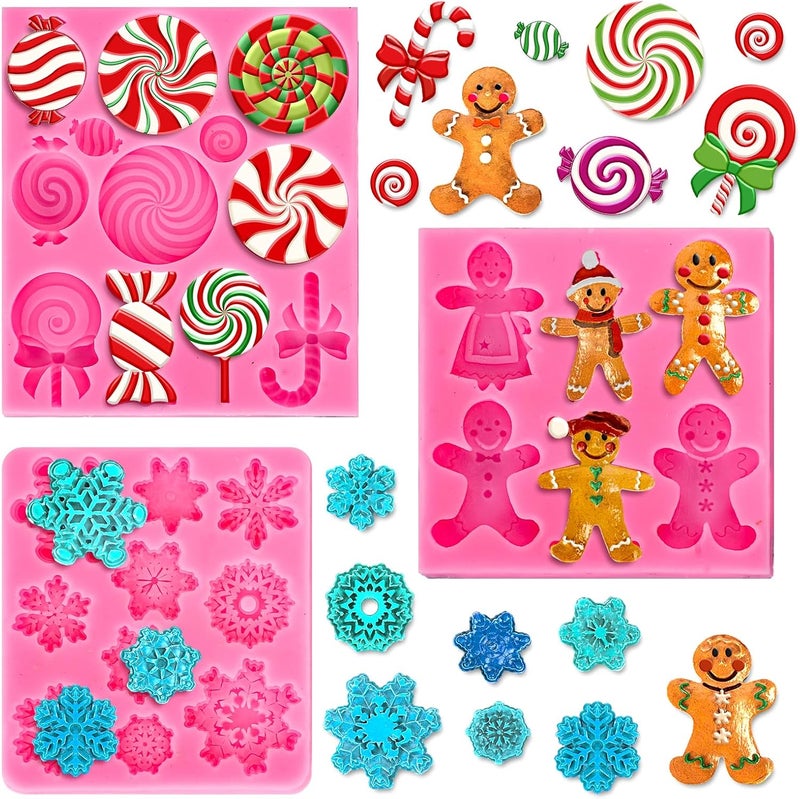 Whaline 3Pcs Christmas Candy Fondant Mold Pink Gingerbread Man Snowflake Silicone Mold Assorted Chocolate Candy Mould for Xmas Winter Party Cupcake Sugar Craft Gum Resin Clay - Image 1